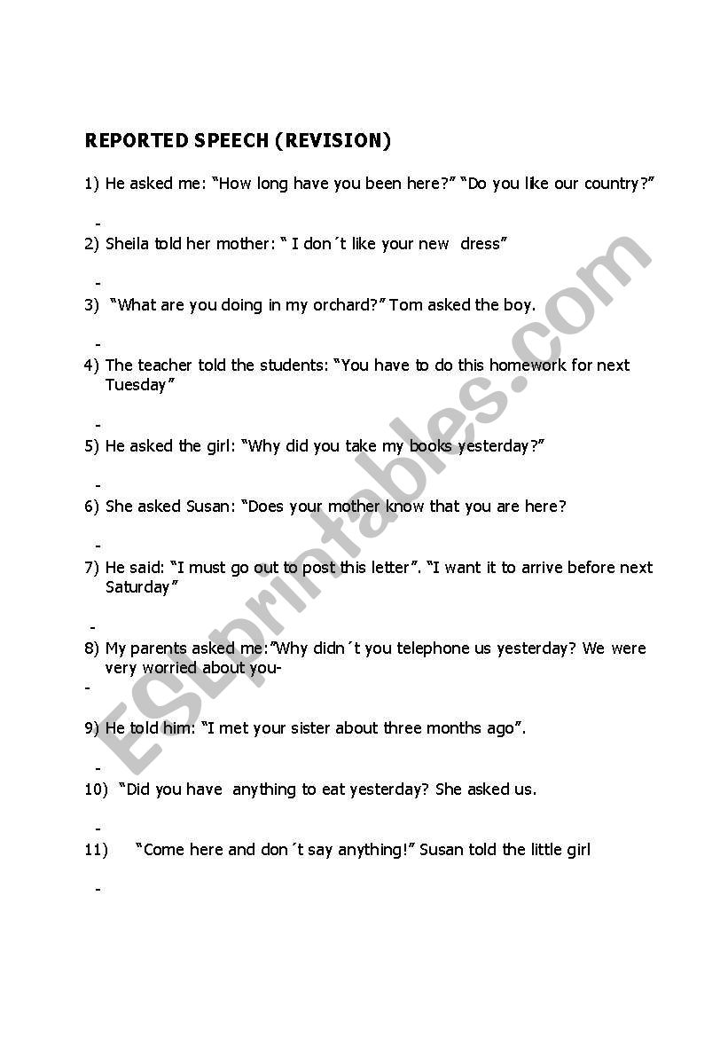 reported speech  worksheet