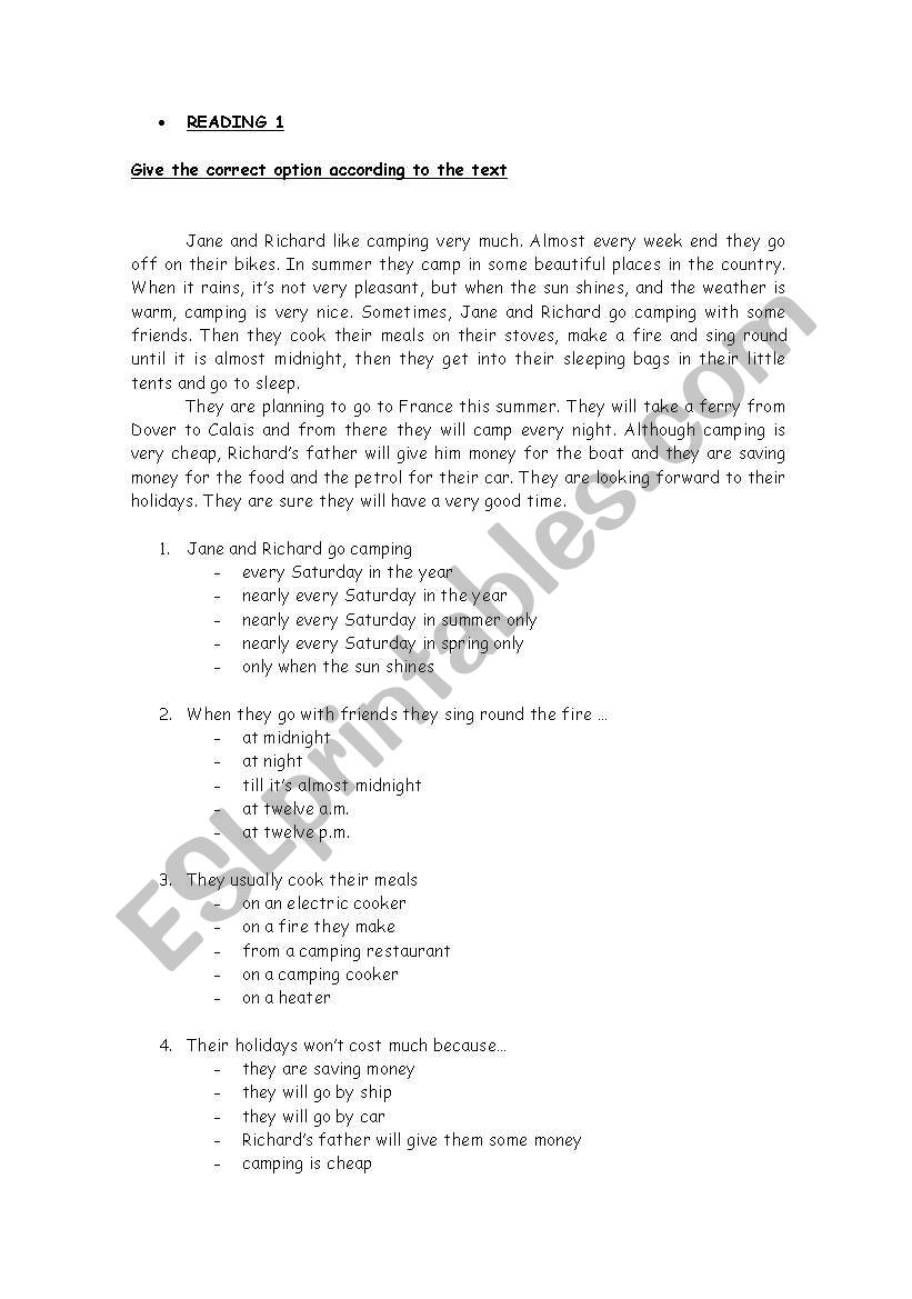 Various readings worksheet