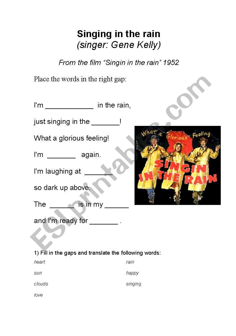 Singing in the rain worksheet