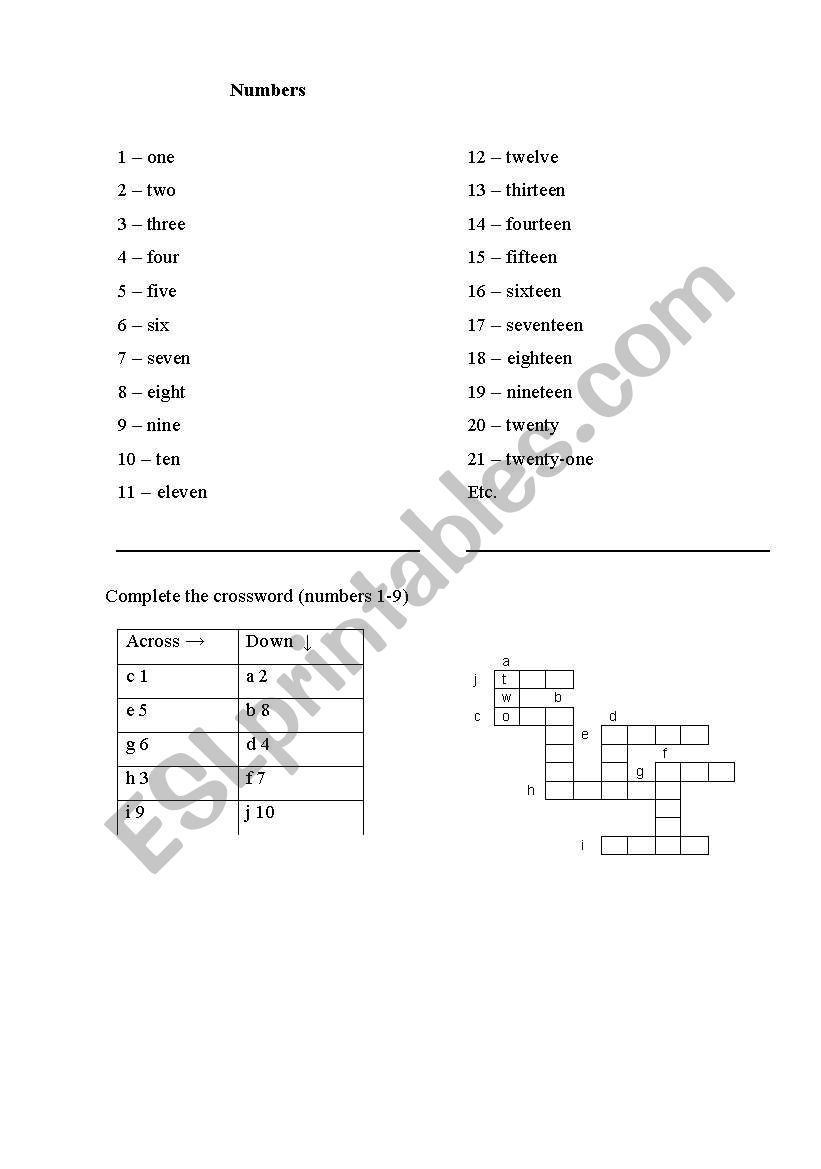 Numbers crossword worksheet