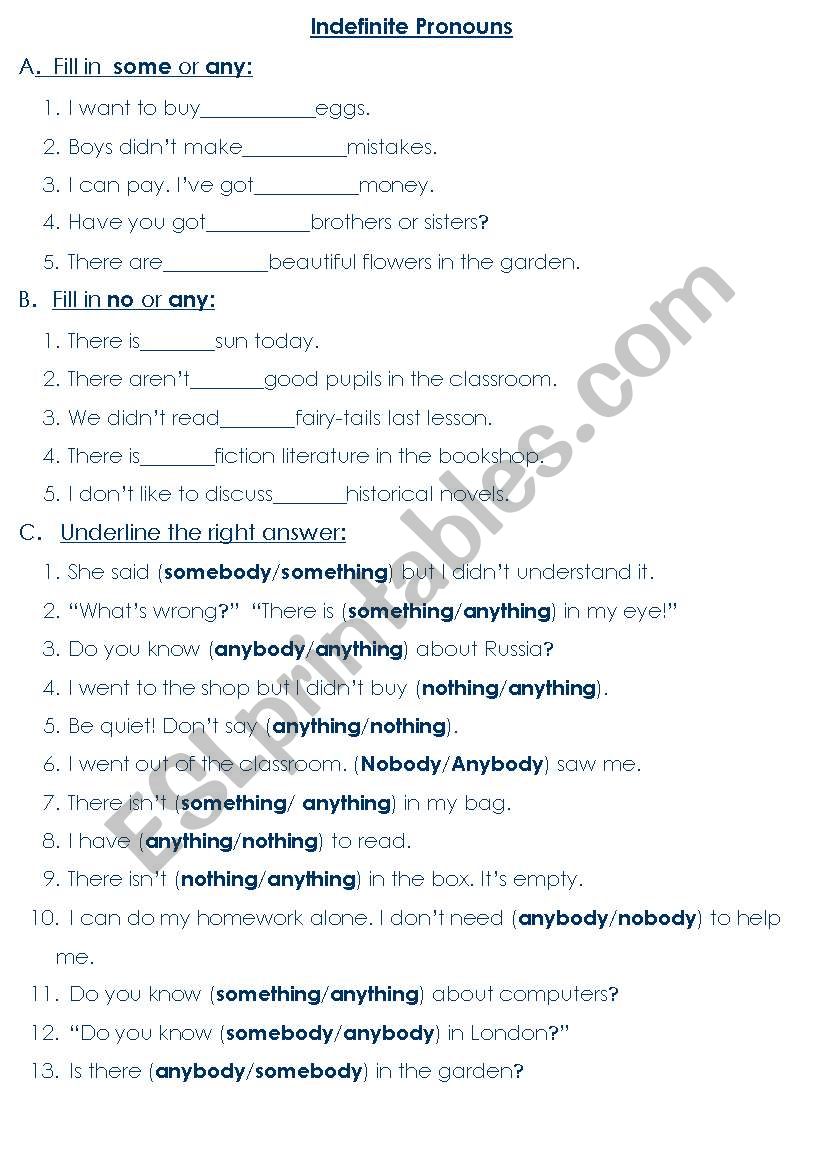 Indefinite Pronouns Part I worksheet