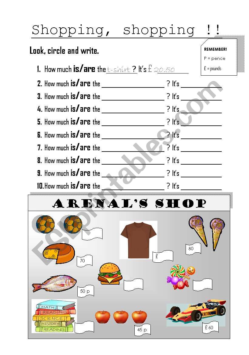 shopping, shopping worksheet