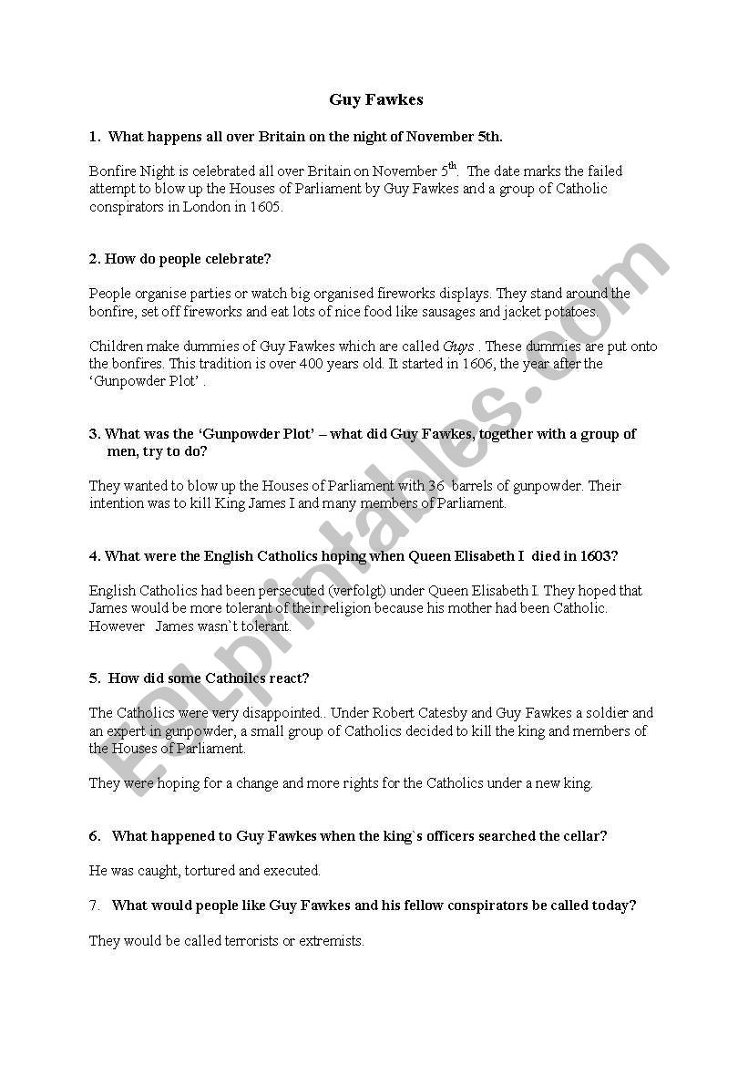 Guy Fawkes worksheet