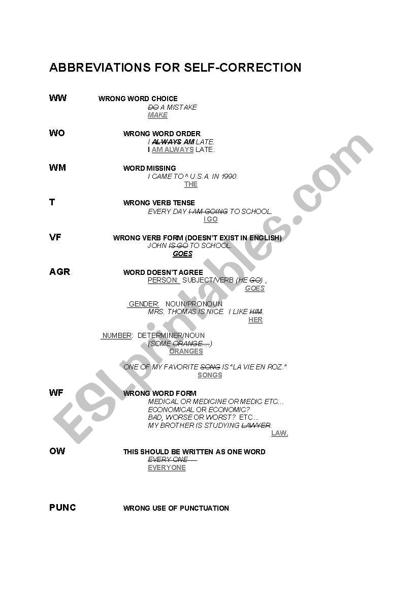 essay correction abbreviations