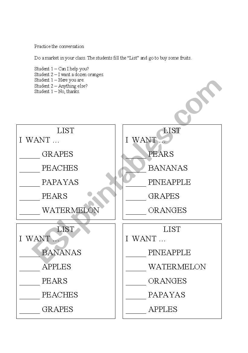 Do a market in your class. worksheet