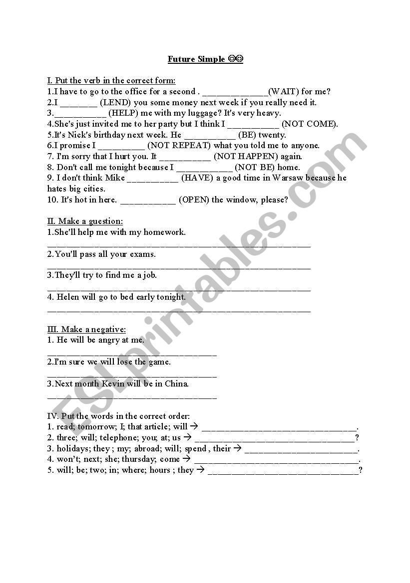 FUTURE SIMPLE worksheet