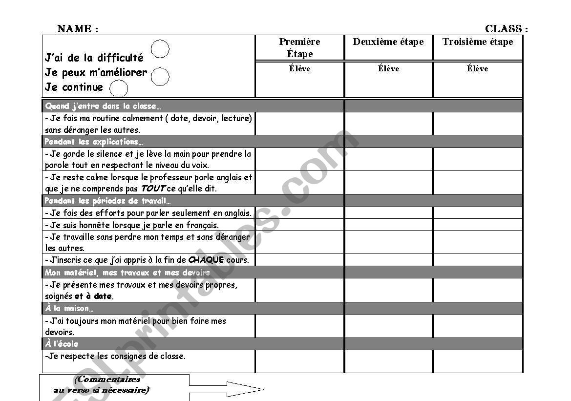 Self-evaluation sheet worksheet