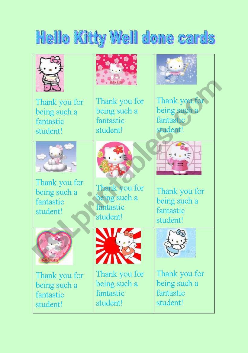 Hello Kitty Well done cards worksheet