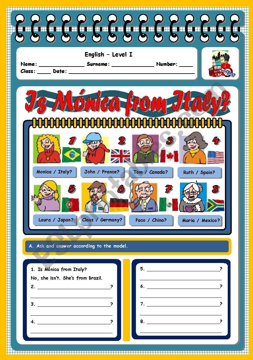 IS MNICA FROM SPAIN? worksheet