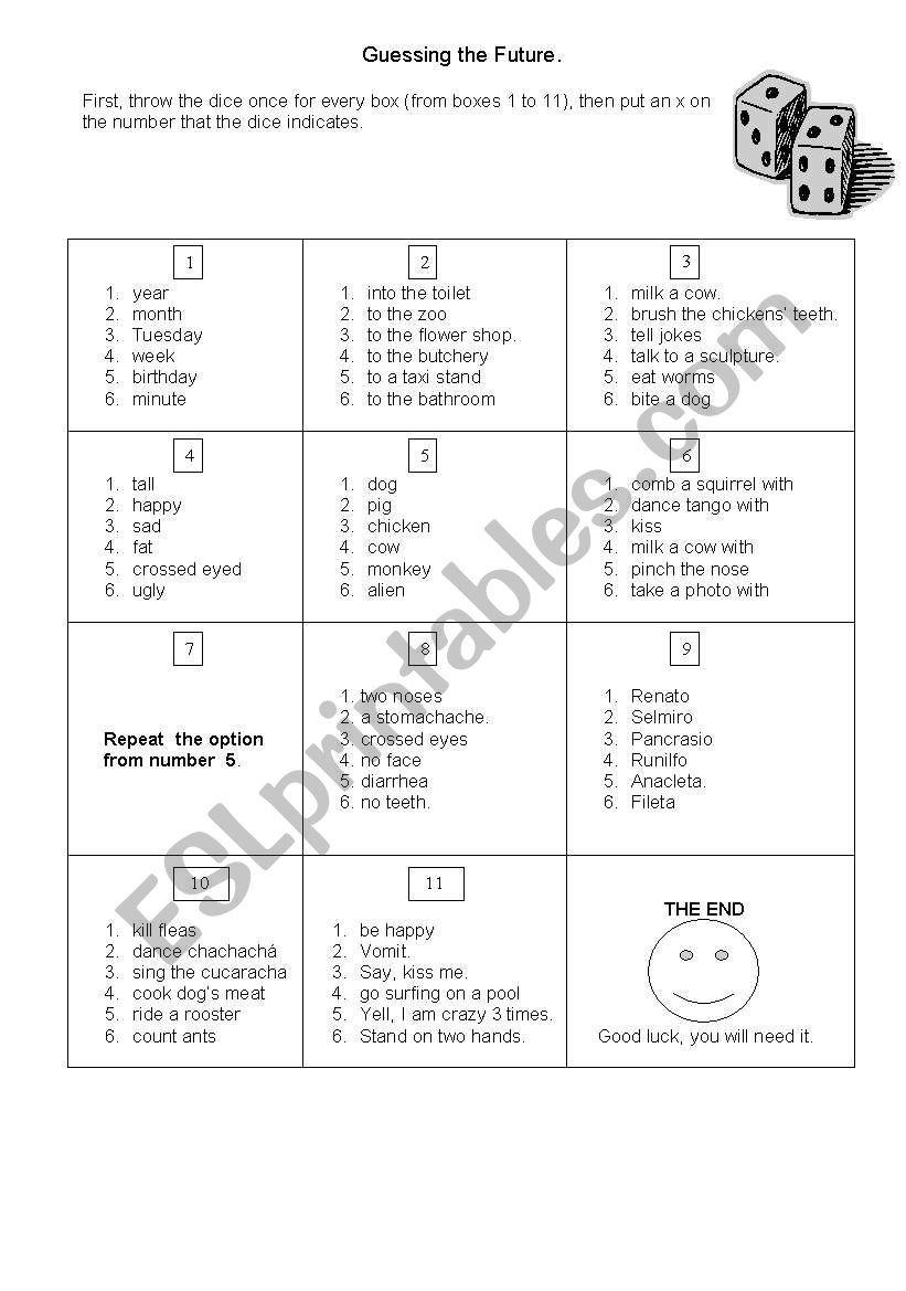 GUESSING THE FUTURE (GAME) worksheet