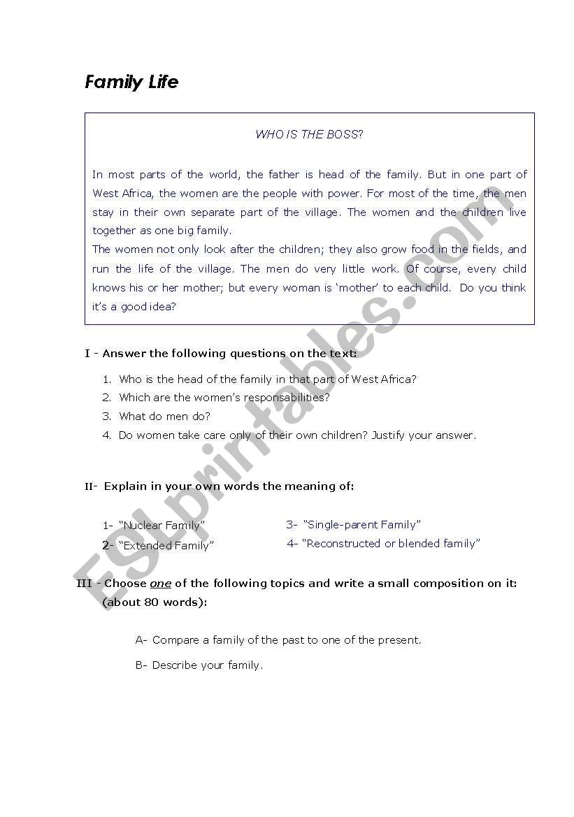 Family life worksheet