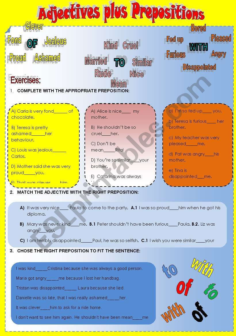 Adjectives plus prepositions I - OF, TO, WITH