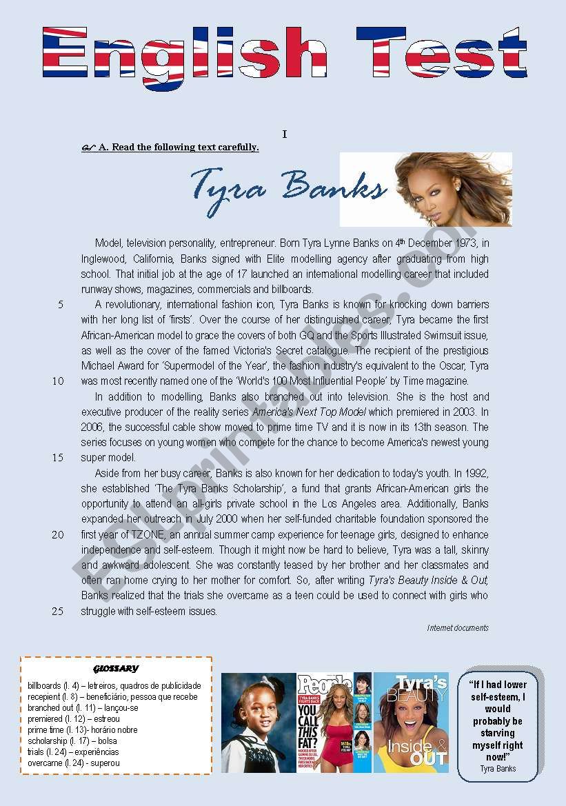 ENGLISH TEST - TYRA BANKS worksheet