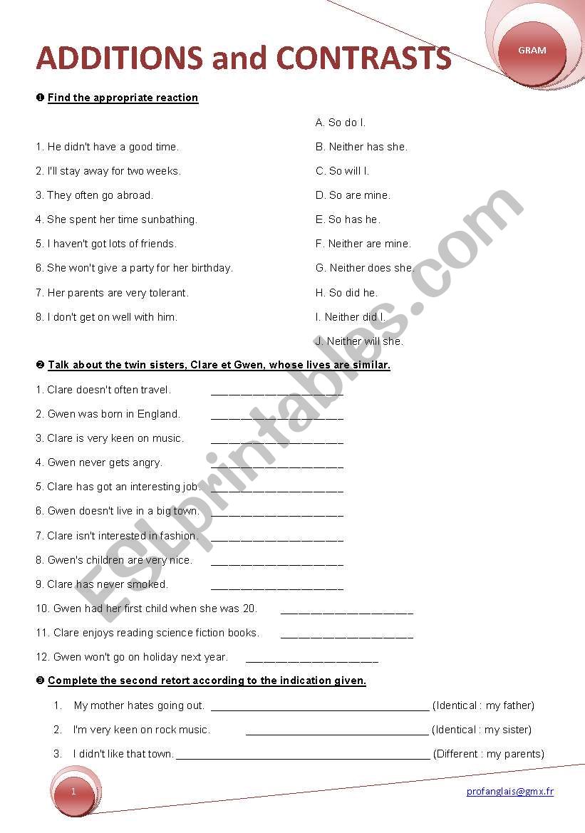 ADDITIONS and CONTRASTS worksheet
