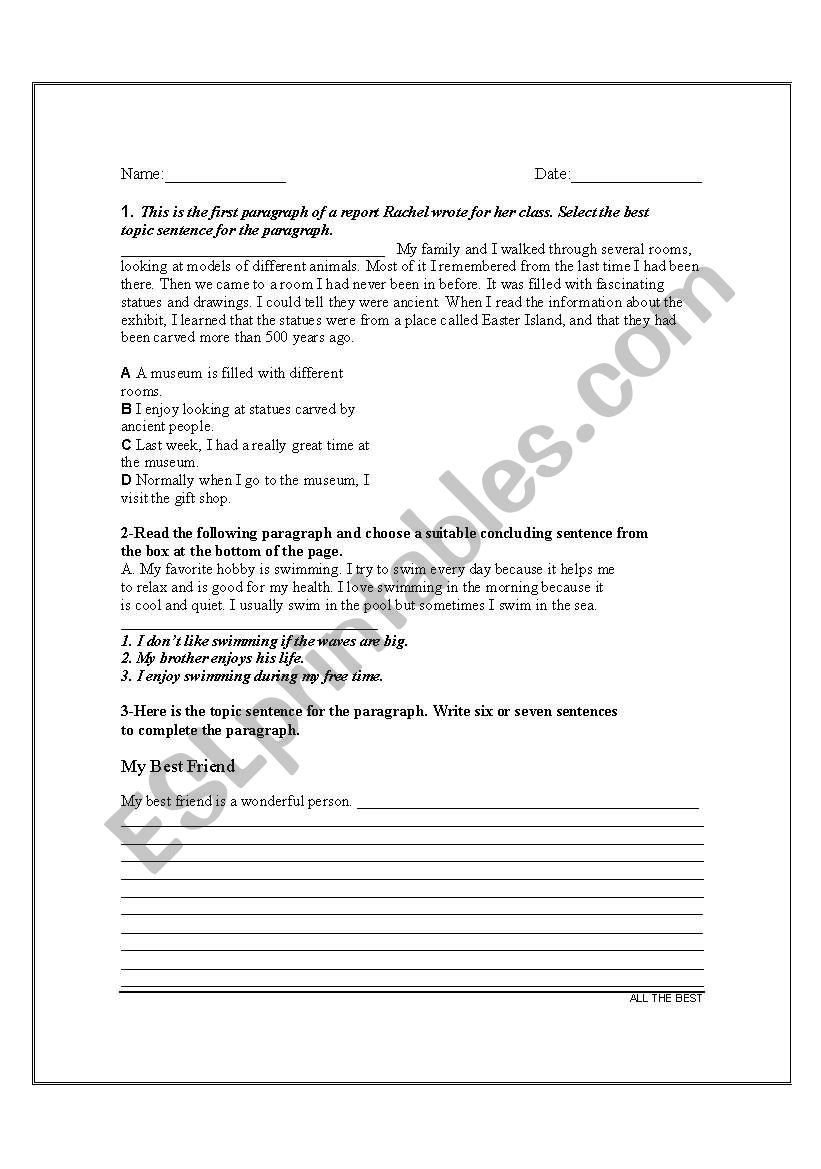 Quiz on Topic sentence worksheet