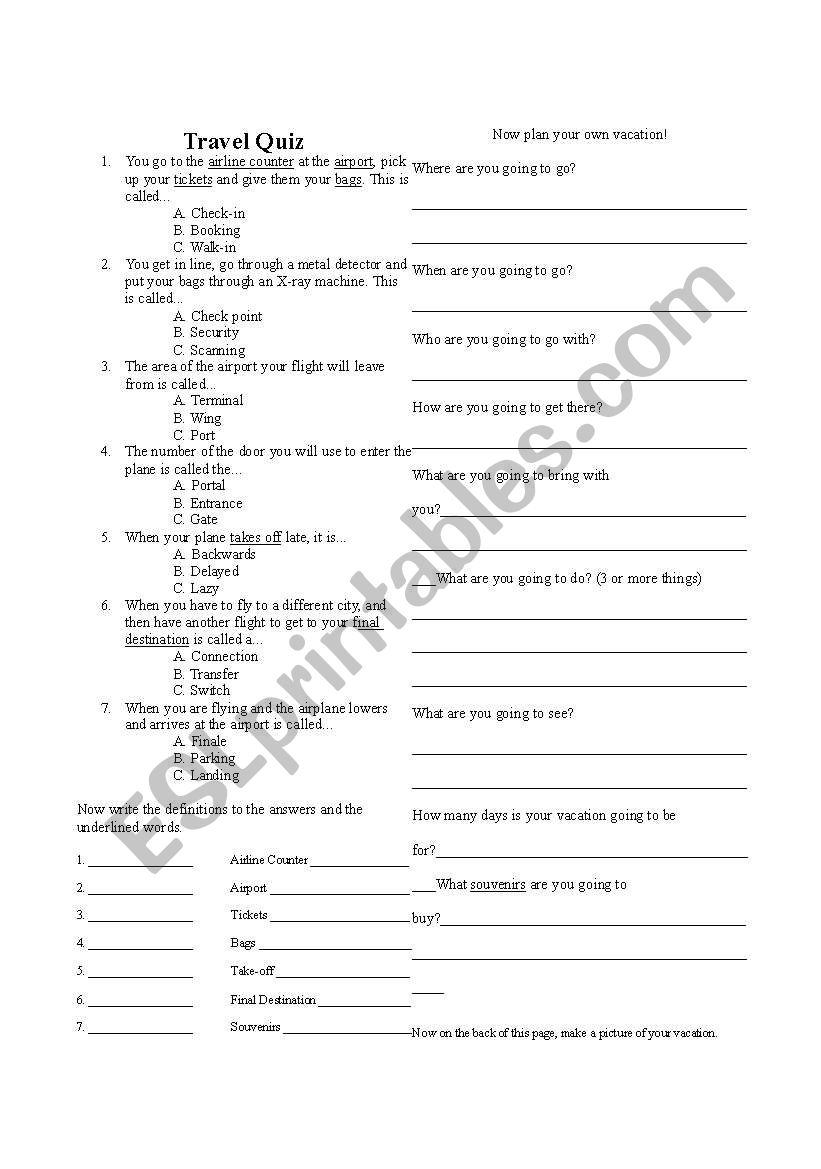 Travel Quiz and Questions worksheet