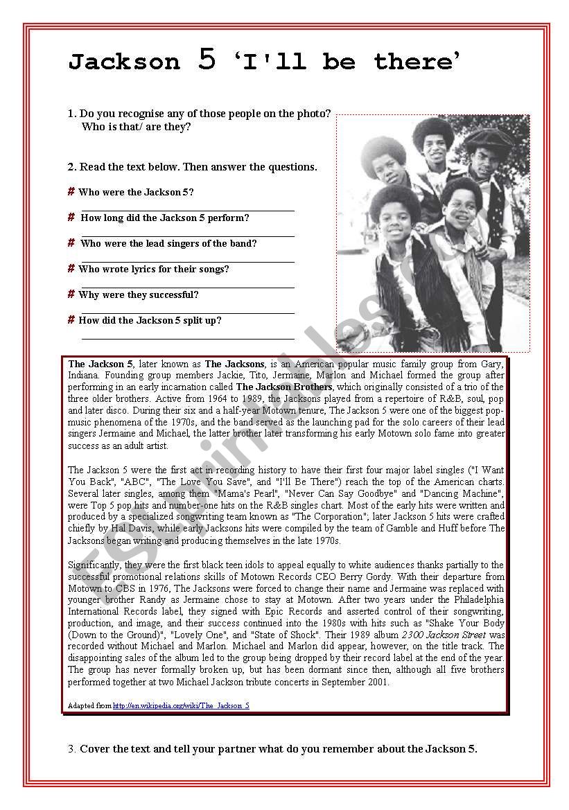 the Jackson 5 Ill be there worksheet