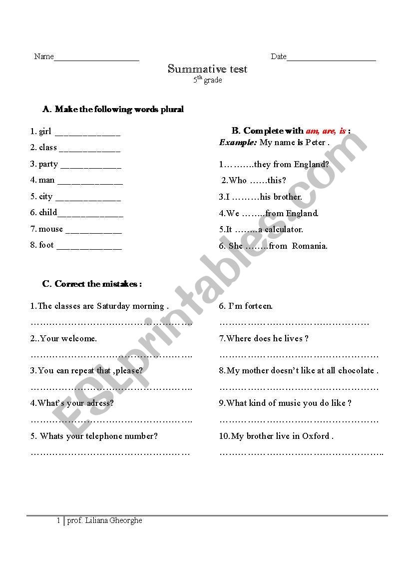 Summative test worksheet