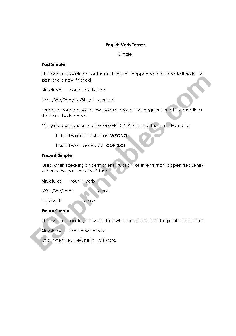 Verb tenses worksheet