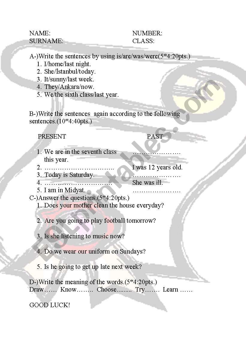 7th Grade Exam worksheet