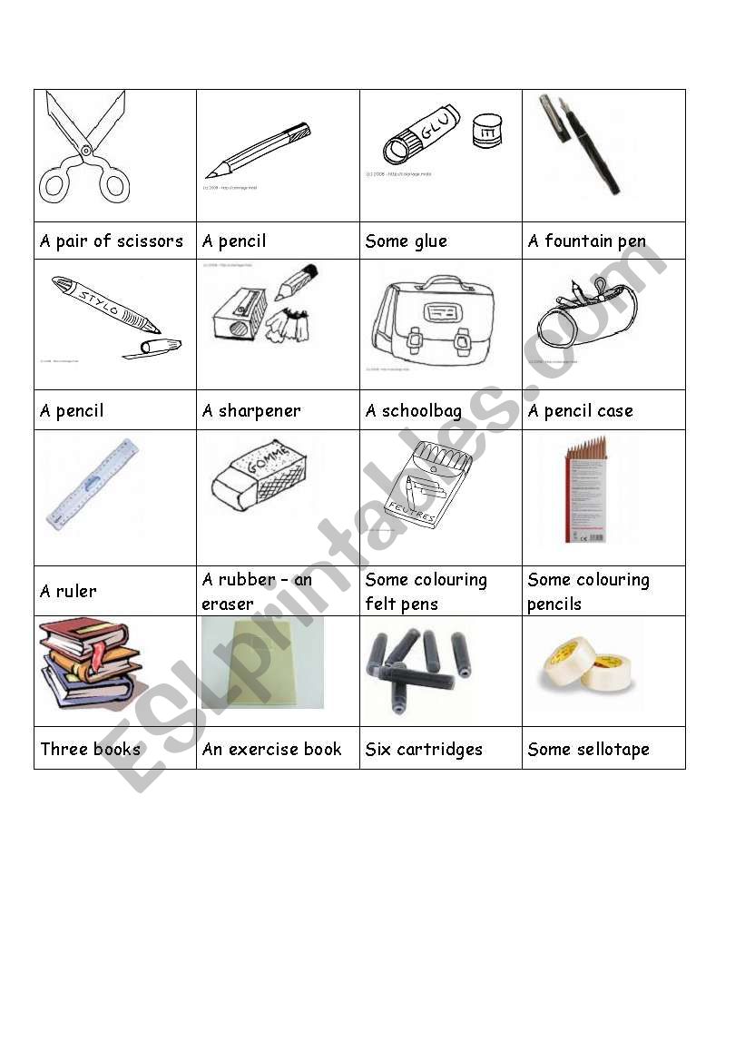 school material worksheet