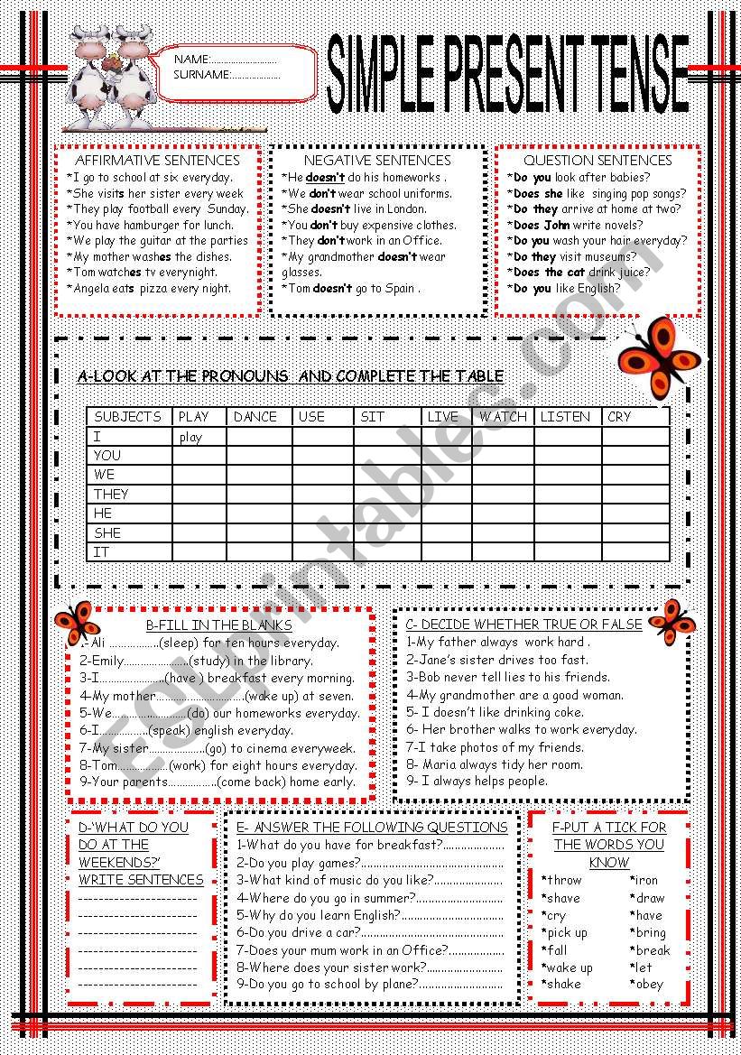 SIMPLE PRESENT TENSE worksheet