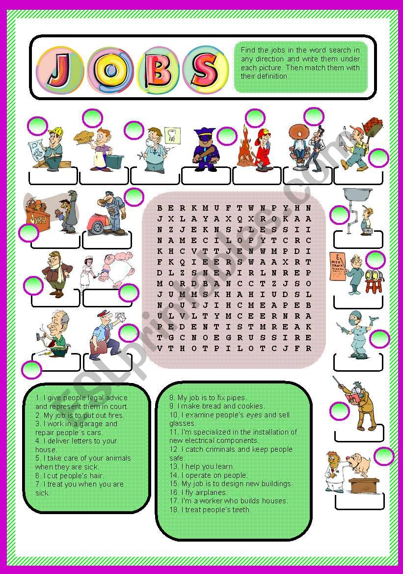 JOBS - word search + matching definition + key