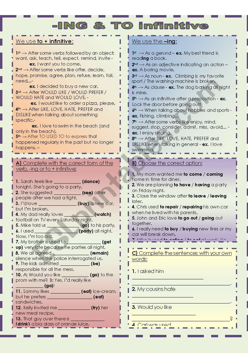 -ING & To Infinitive worksheet