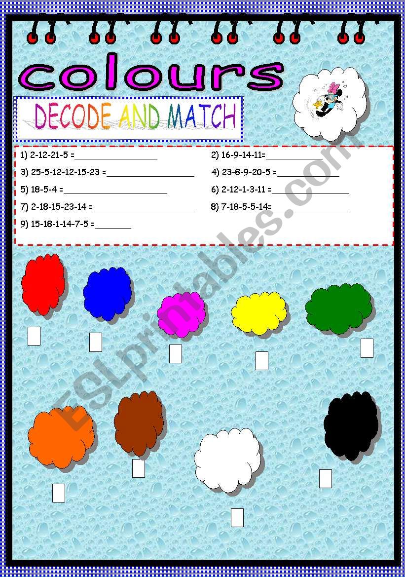 DECODING ACTIVITY:COLOURS worksheet