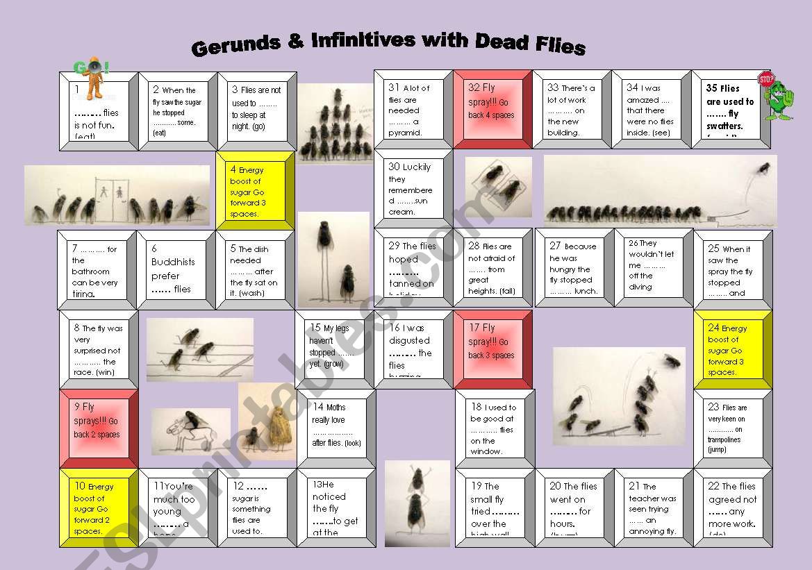 Dead fly art - a board game for practising gerunds and infinitives for pre-intermediate to upper intermediate