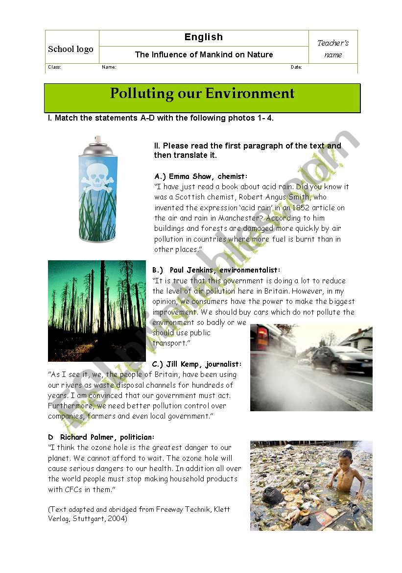 Written test/oral exam: How mankind is polluting our environment