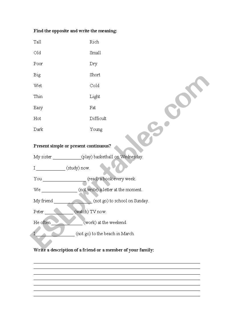 Opposites and present tenses worksheet