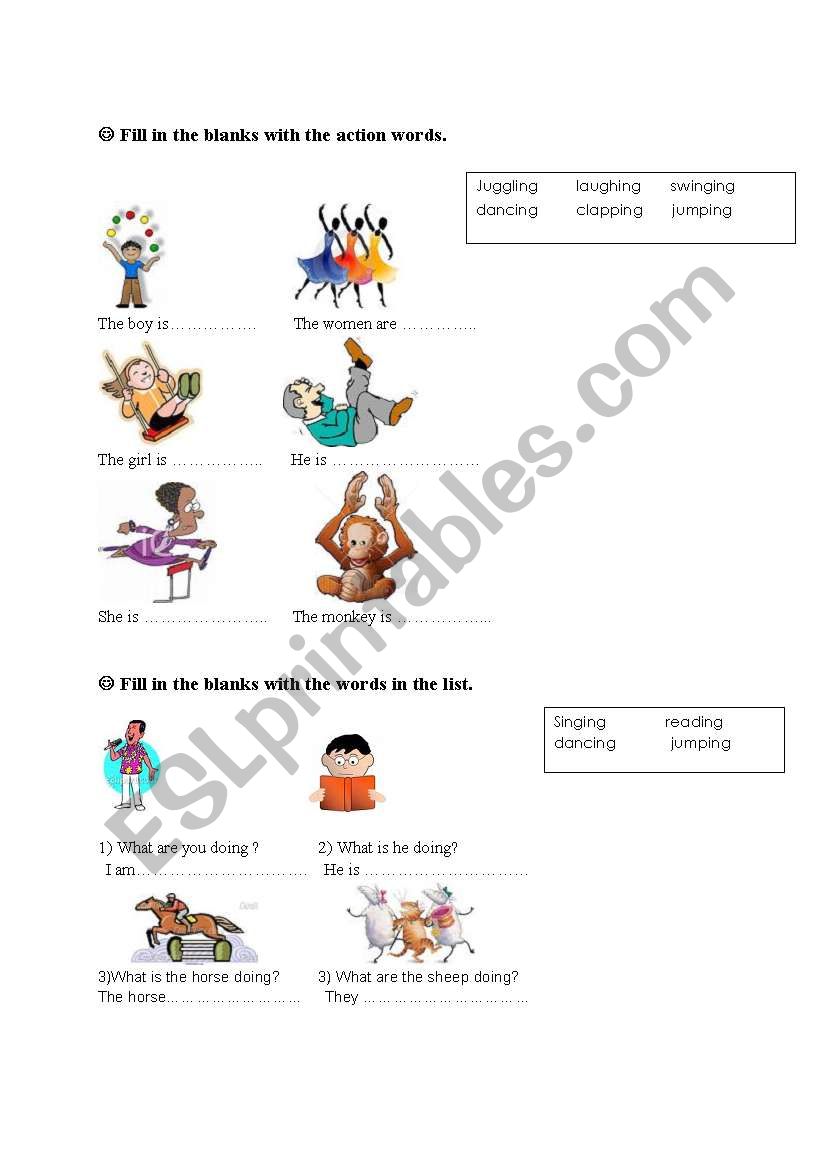 completing present continuous statements with action verbs