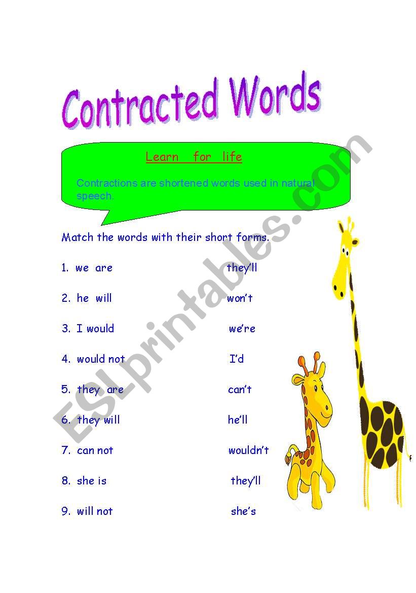 Subjektiv ekskrementer mangel Contracted words / Short Forms - ESL worksheet by deepti sachdeva