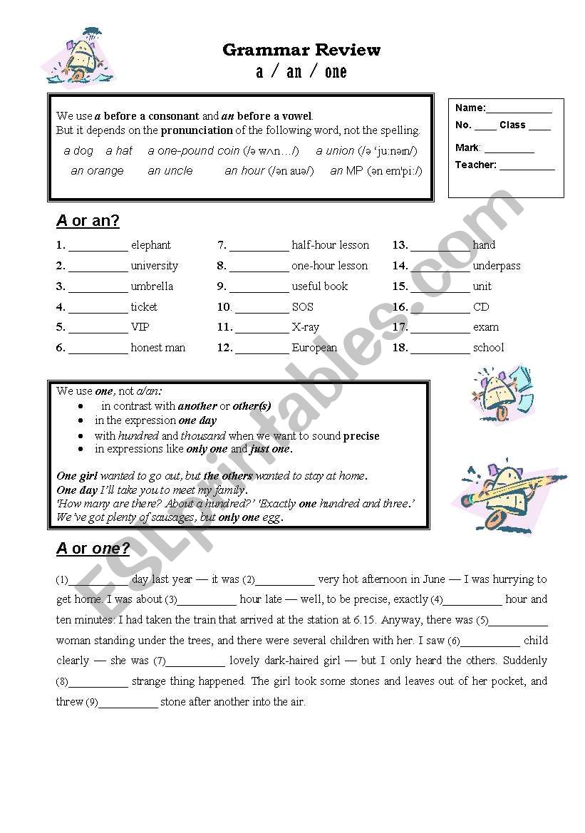 determiners (a an one) worksheet