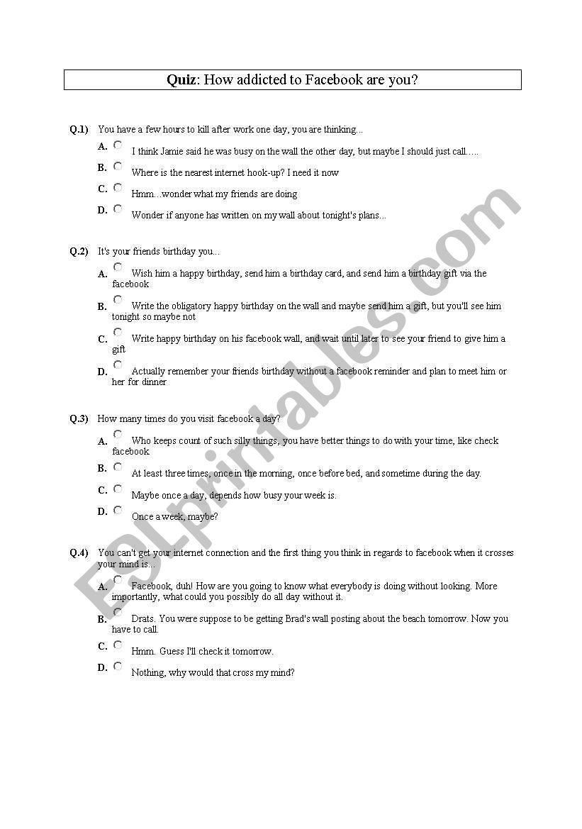 Facebook: quiz worksheet