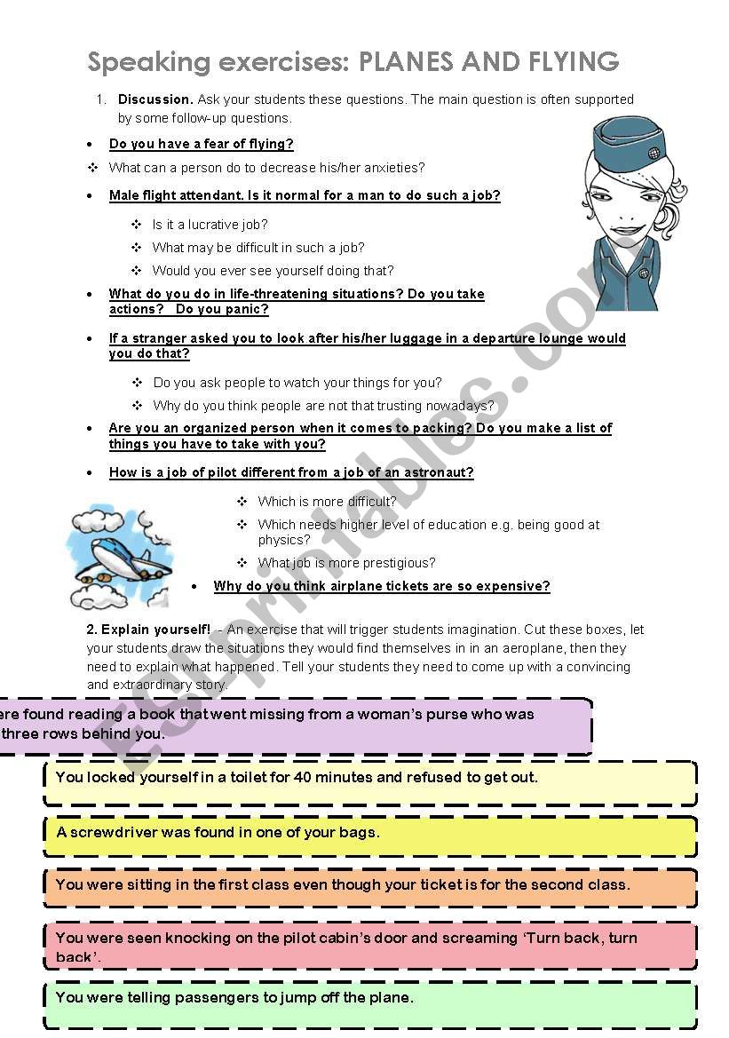 SPEAKING: planes and flying. For intermediate students, adults, group discussion, one-to-one questions and imaginative game!