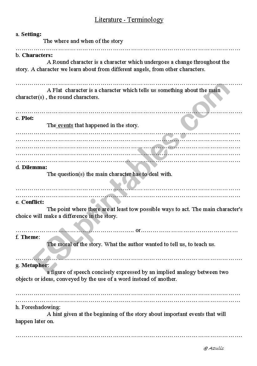 Literature terminology worksheet