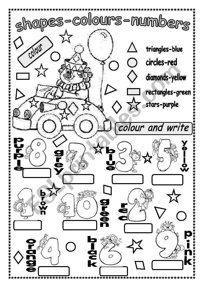 SHAPES-COLOURS AND NUMBERS worksheet