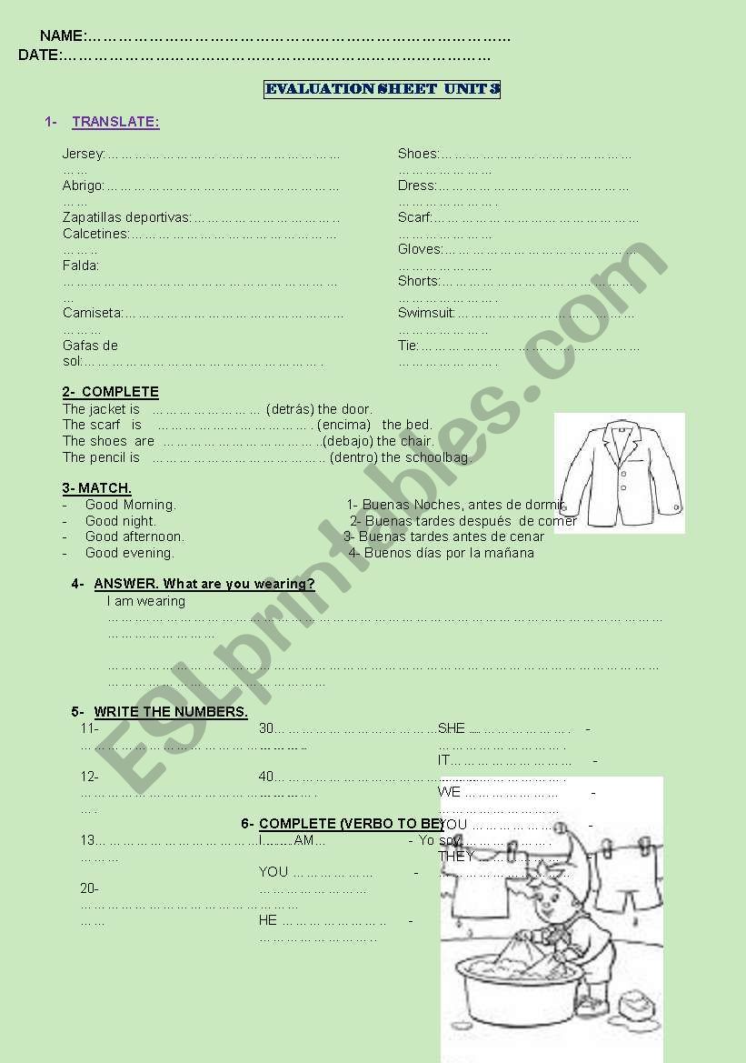 review Clothes, prespositions, numbers, to be verb