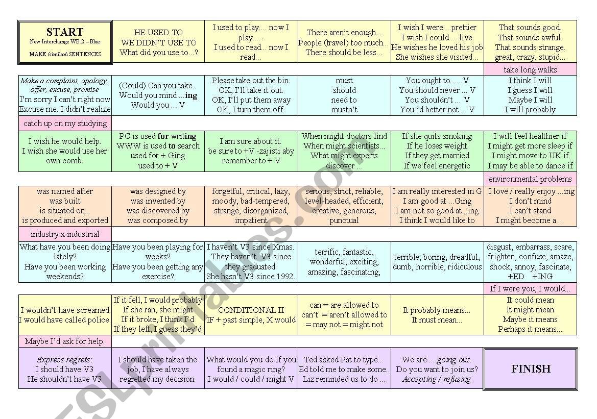 100 FUN with GRAMMAR BOARDGAME - for (PRE-)-INTERMEDIATES + USEFUL PHRASES + 42 CARDS + notes ((6 pages)) + BW - level B2