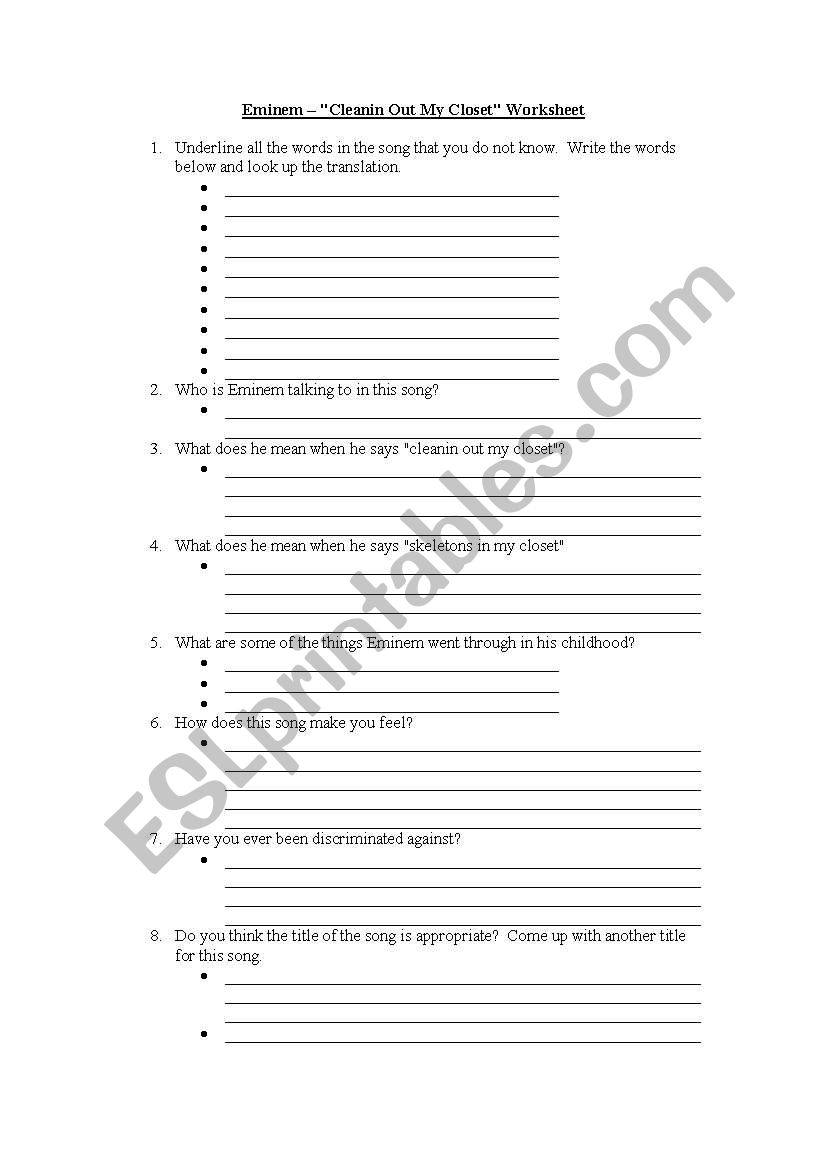 Eminem CleaninÂ´ Out My Closet Worksheet