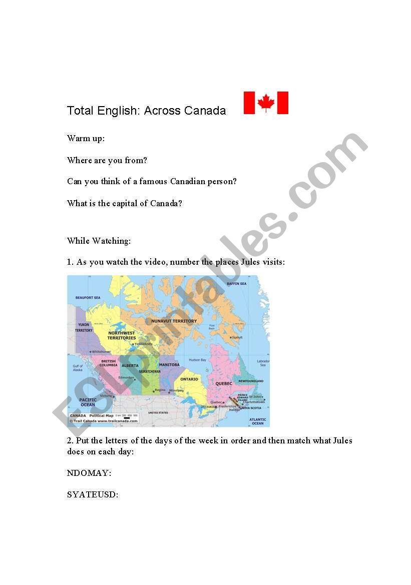 Across Canada worksheet