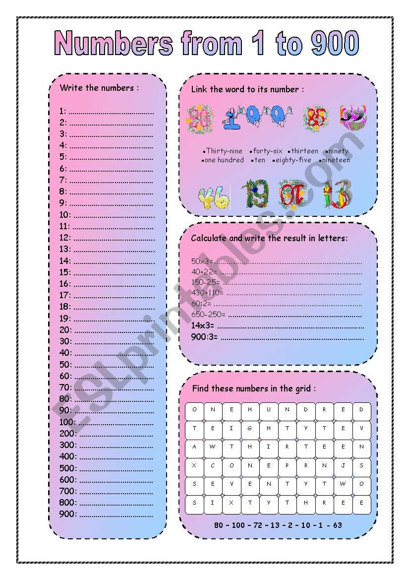 numbers from 1 to 900. worksheet