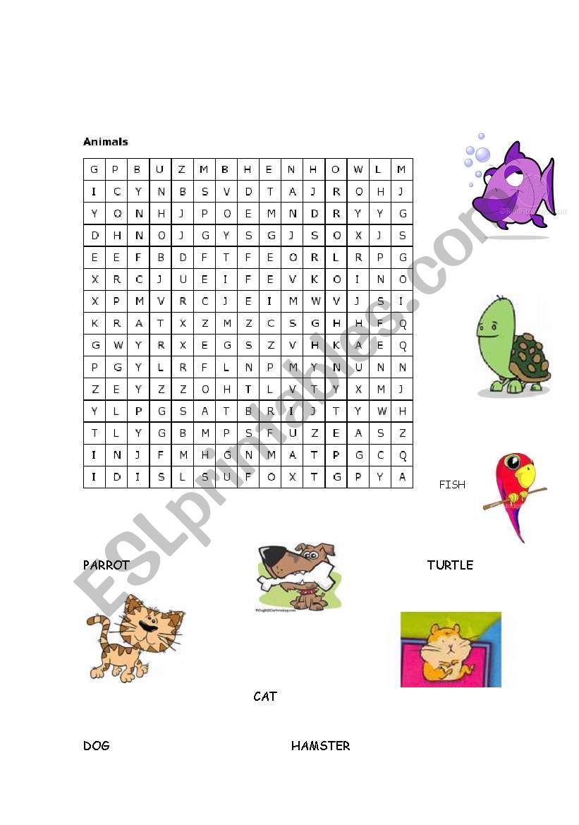 Animals word search worksheet