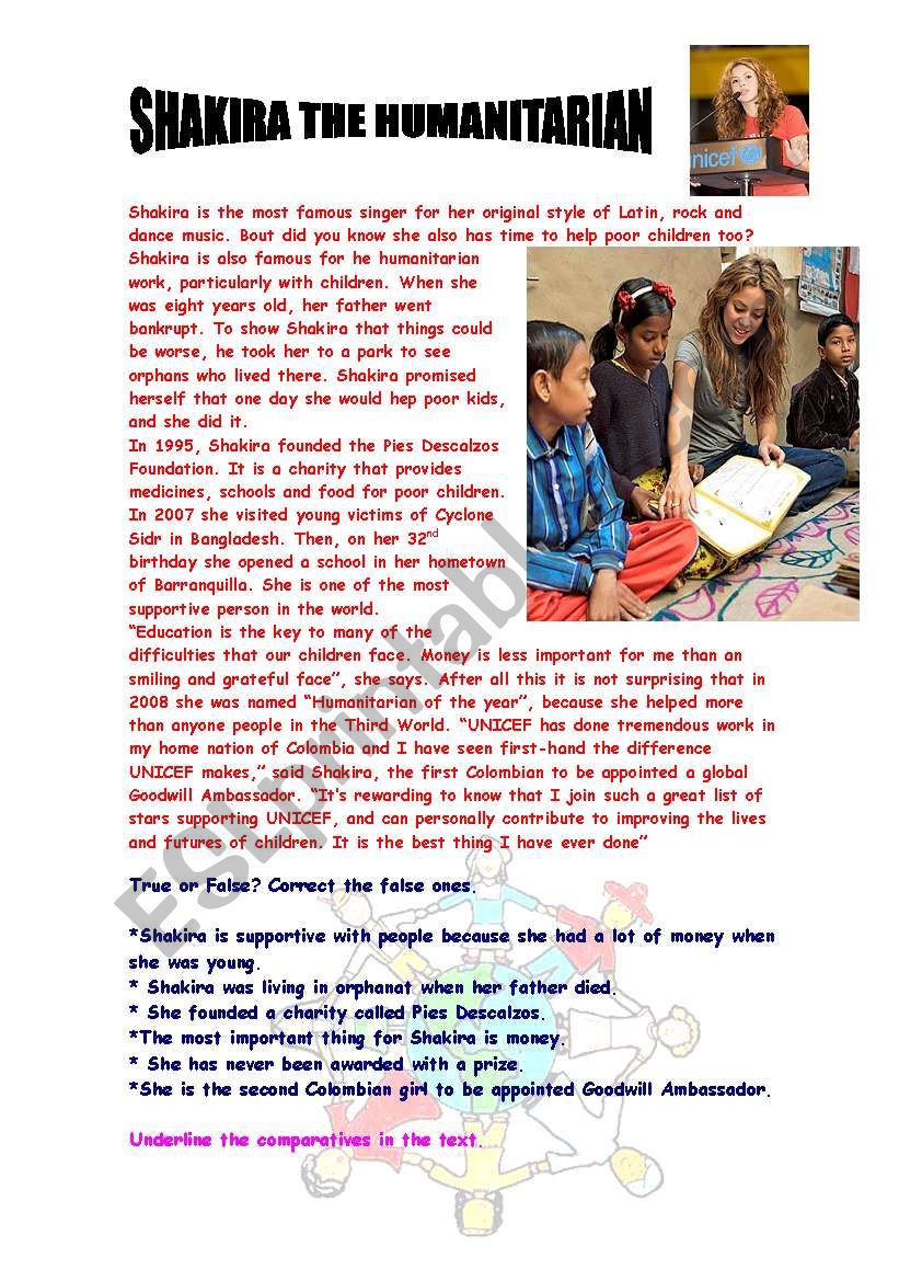 Shakira the humanitarian worksheet