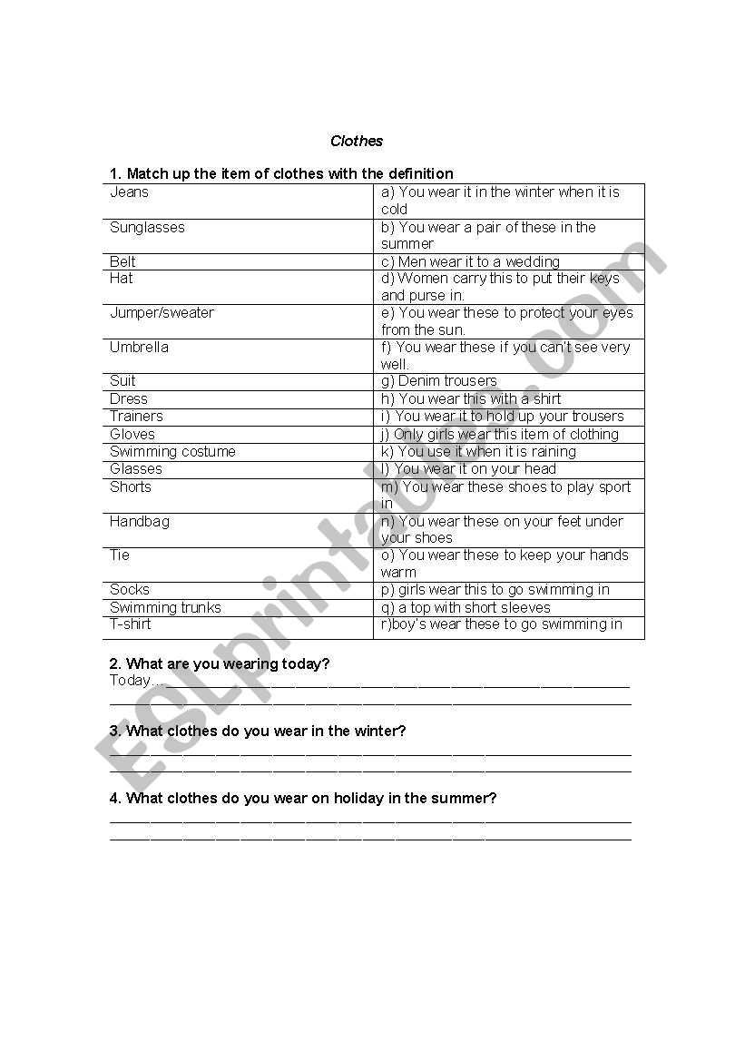 Clothes dictionary worksheet