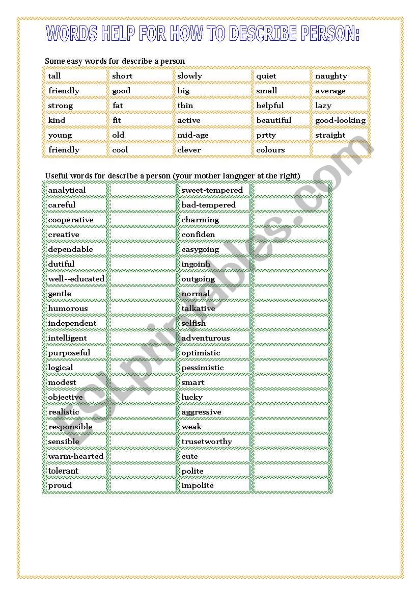 words help for describe person and personality
