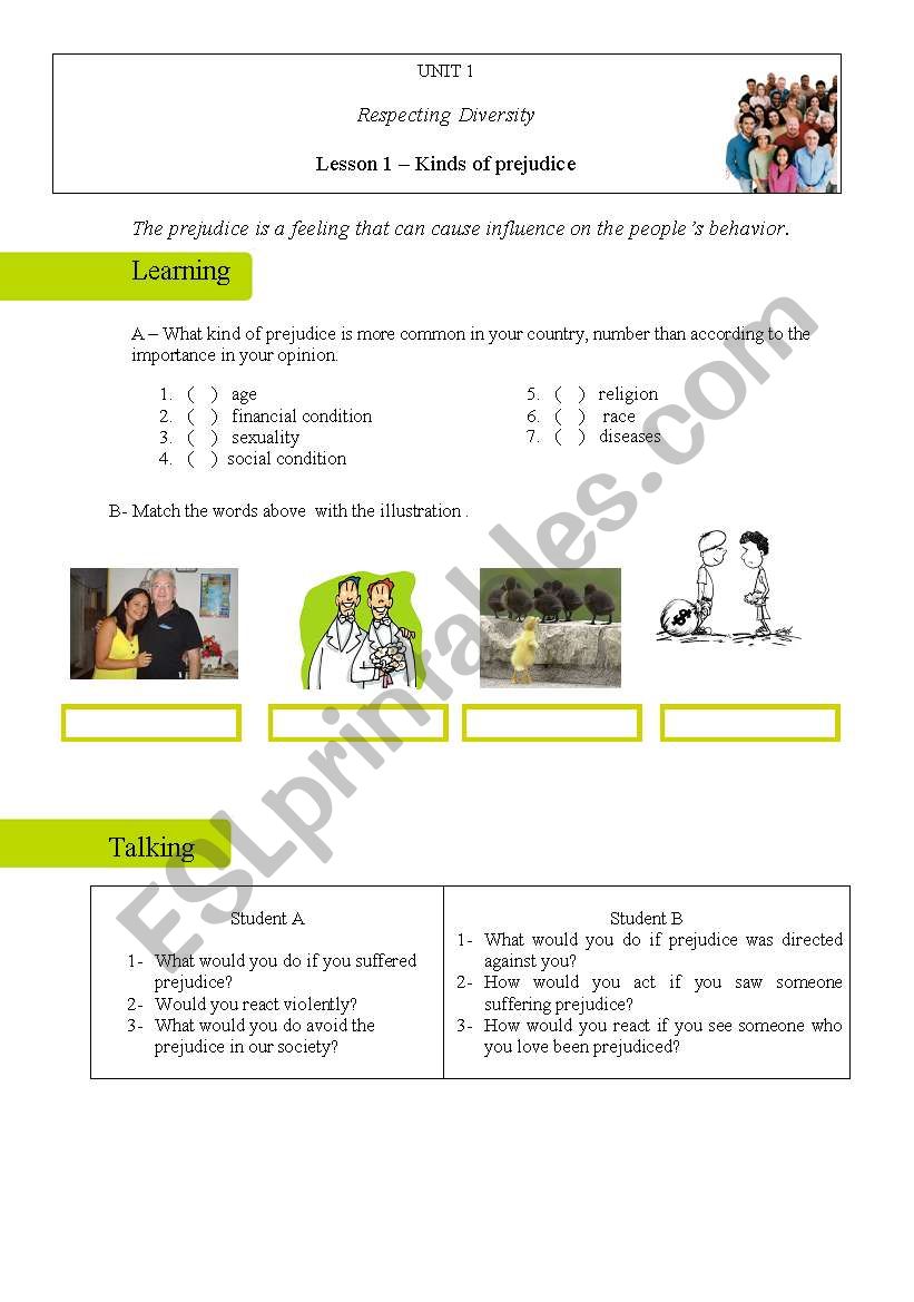 Kind of prejudice worksheet
