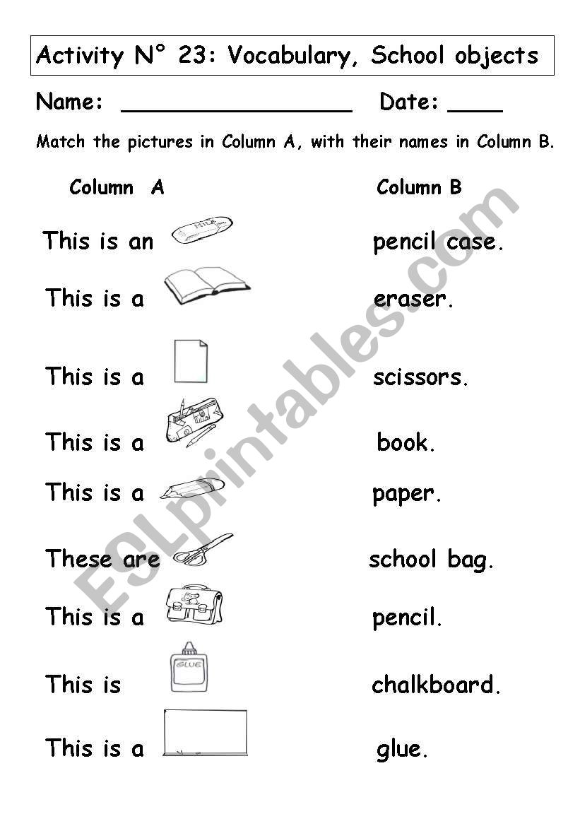 School Objects worksheet
